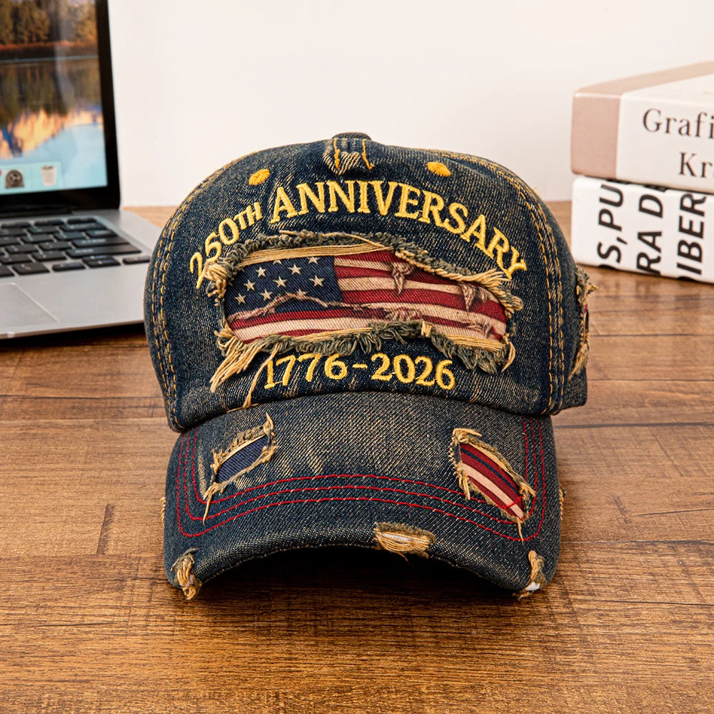 Vintage USA Flag 250th Anniversary 1776-2026 Distressed Denim Baseball Cap Adjustable Patriotic Dad Hat for Men Women