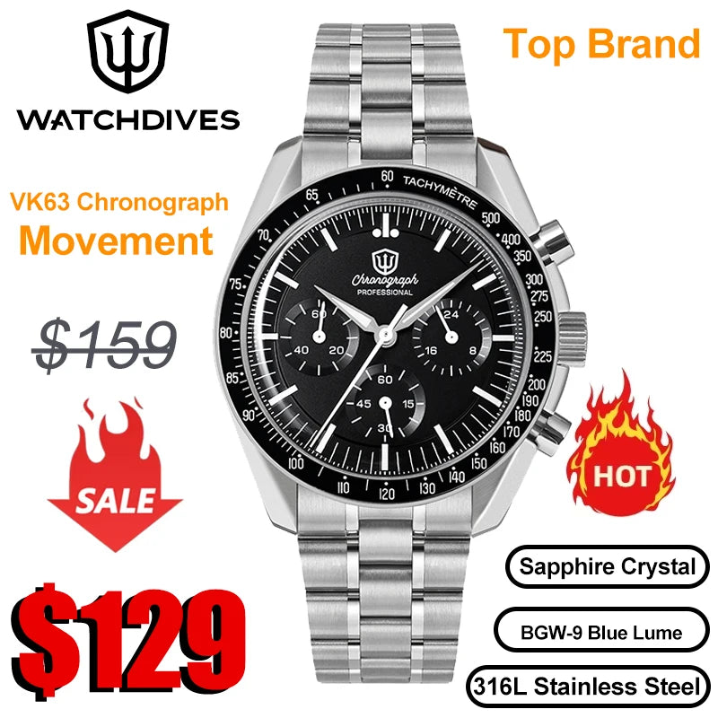 Reloj para hombre Watchdives New Wd1863 de cuarzo VK63, cronógrafo, cristal de zafiro abombado, resistente al agua, 39Mm, acero, marca líder, lujo, negocios