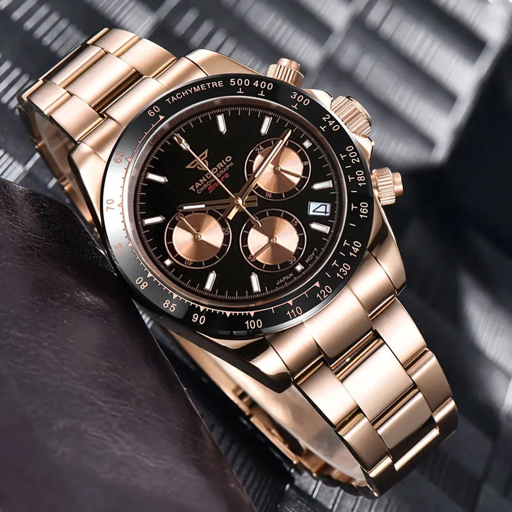Orologio da uomo Luxury VK63 con movimento al quarzo, cronografo business 39mm in acciaio/oro rosa, datario e quadrante luminoso