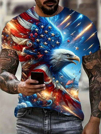 Camiseta patriótica para hombre con estampado 3D de águila, cuello redondo, manga corta y estilo casual, ideal para moda de verano y actividades al aire libre