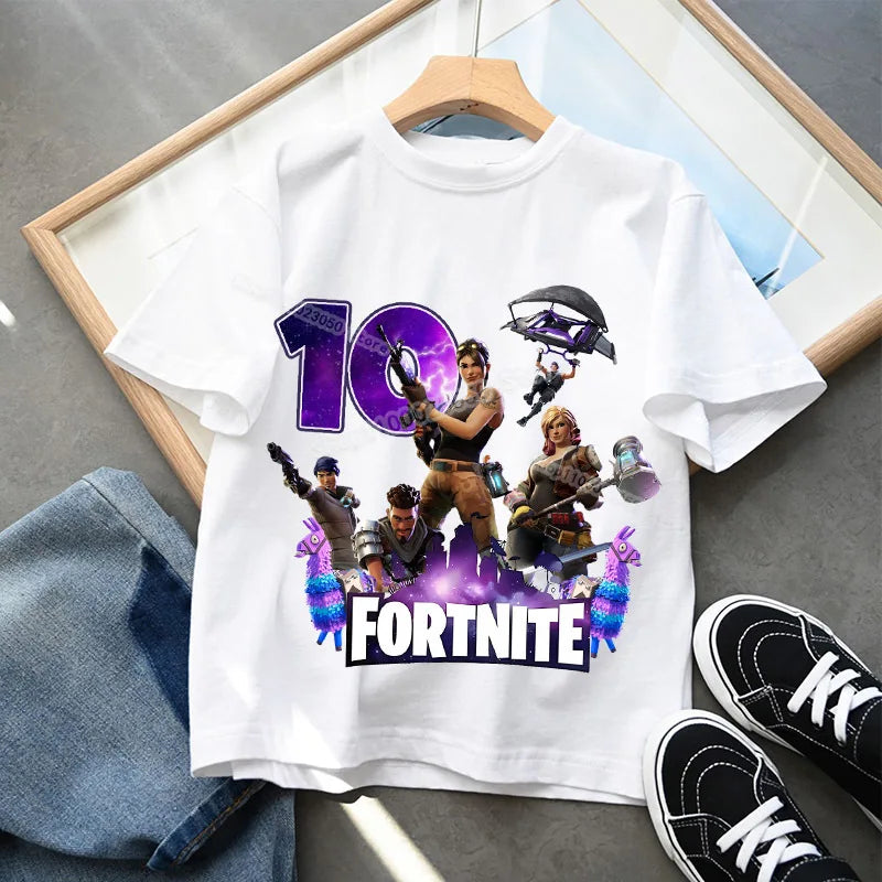 Camiseta infantil de cumpleaños Fortnite con número para niñas y niños, ropa de verano, camiseta de algodón para bebé, tops de manga corta para fiesta, regalo para niños pequeños