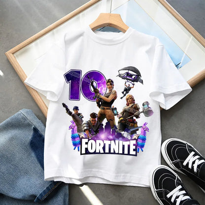 Camiseta infantil de cumpleaños Fortnite con número para niñas y niños, ropa de verano, camiseta de algodón para bebé, tops de manga corta para fiesta, regalo para niños pequeños