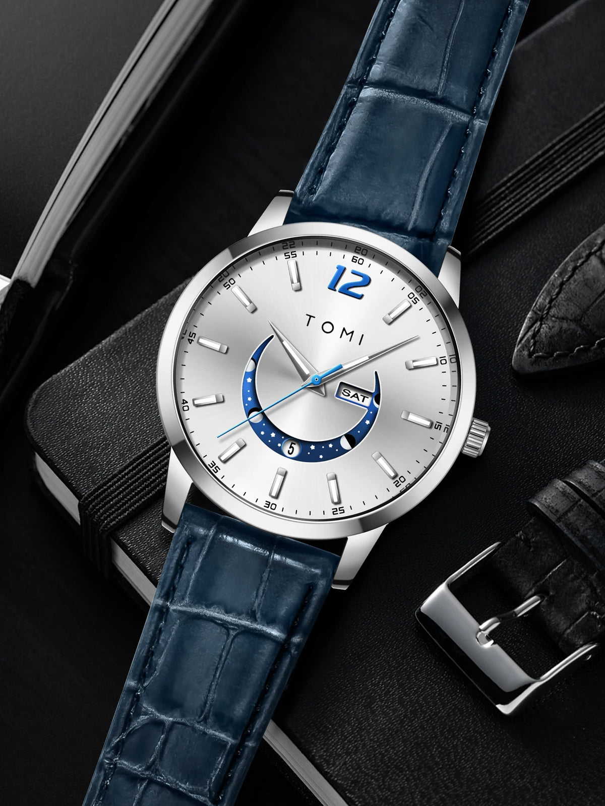 Relógio de quartzo TOMI, estilo empresarial e elegante, com bracelete em pele, caixa em liga metálica e mostrador com ponteiros – Design de alta qualidade, ideia de presente para homem