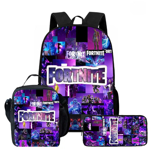 Fortnite Cartoon 3pcs Backpack Set for Boys Girls Unisex Including School Bag Lunch Bag Pencil Case Suitable for ages 5-8