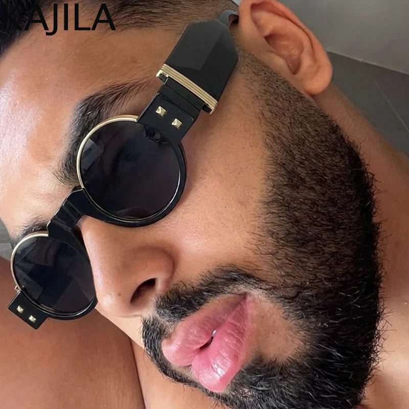 Y2K Punk Gothic Round Sunglasses Men 2026 Luxury Brand Steampunk Wide Temple Thick Frame Sun Glasses For Male Retro Cool Shades