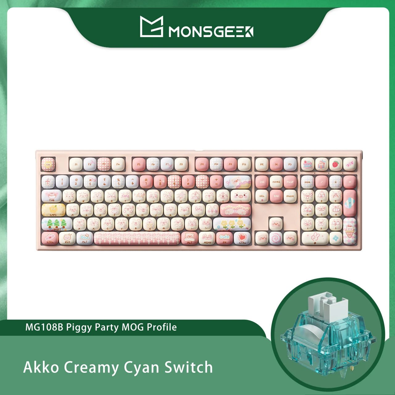 Teclado mecánico inalámbrico Akko MonsGeek MG108B Bun Wonderland, perfil MOG, RGB, 108 teclas, tamaño completo, hot swap, USB / 2.4G / BT 5.0