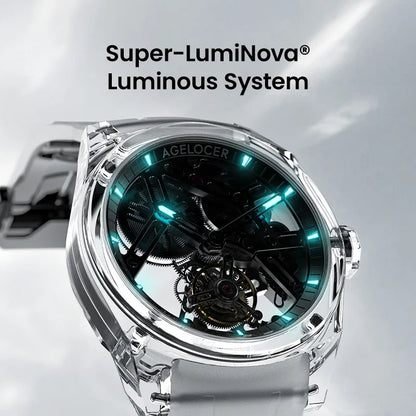 Reloj AGELOCER de edición limitada «Ice Never Melts» con tourbillon de cristal de oscilación libre, reloj mecánico manual de lujo