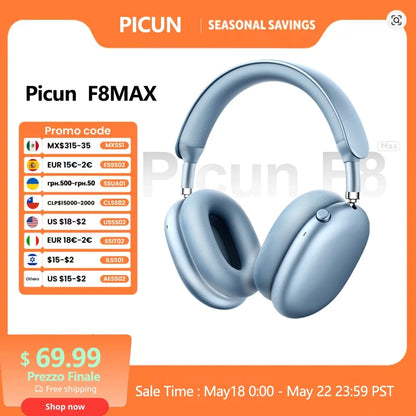 Cuffie wireless Picun F8MAX ANC, cancellazione attiva del rumore ibrida 59dB, audio spaziale, auricolari Bluetooth 6.0, headset over-ear 180H