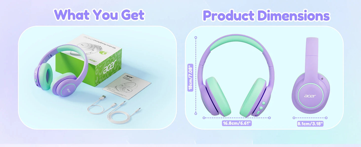 Acer Kids Bluetooth 6.0 Headphones Over Ear Headsets with Mic 75H Playtime 85dBA Safe Volume USB C Fast Charging for IPad Tablet