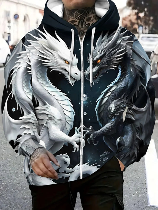 Muška majica s kapuljačom i patentnim zatvaračem s printom zmaja, za aktivnosti na otvorenom i putovanja, s vezicom, dugih rukava, za jesen i zimu, oversized muški sweatshirt