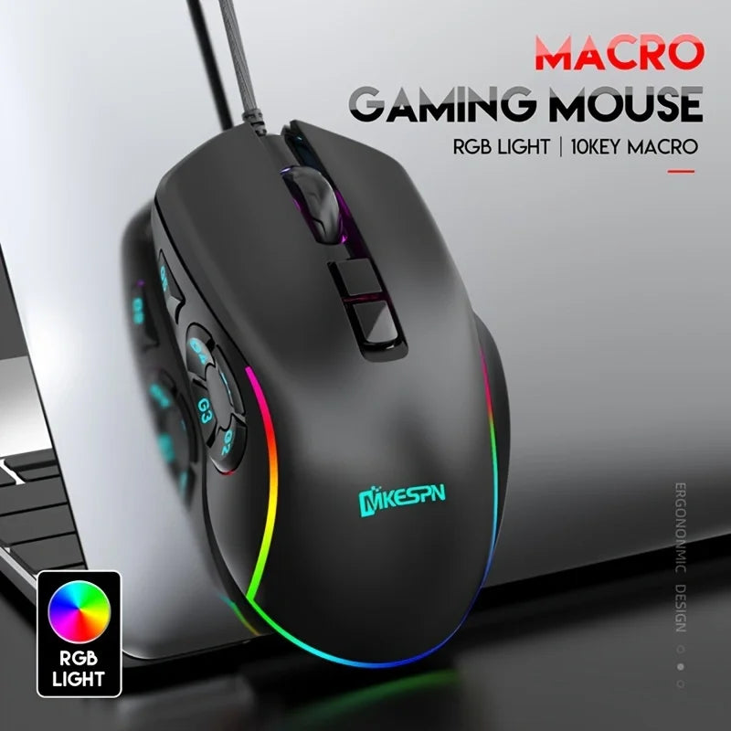 Ratón gaming con cable RGB personalizable, programación macro de 10 teclas, para portátil y ordenador de sobremesa