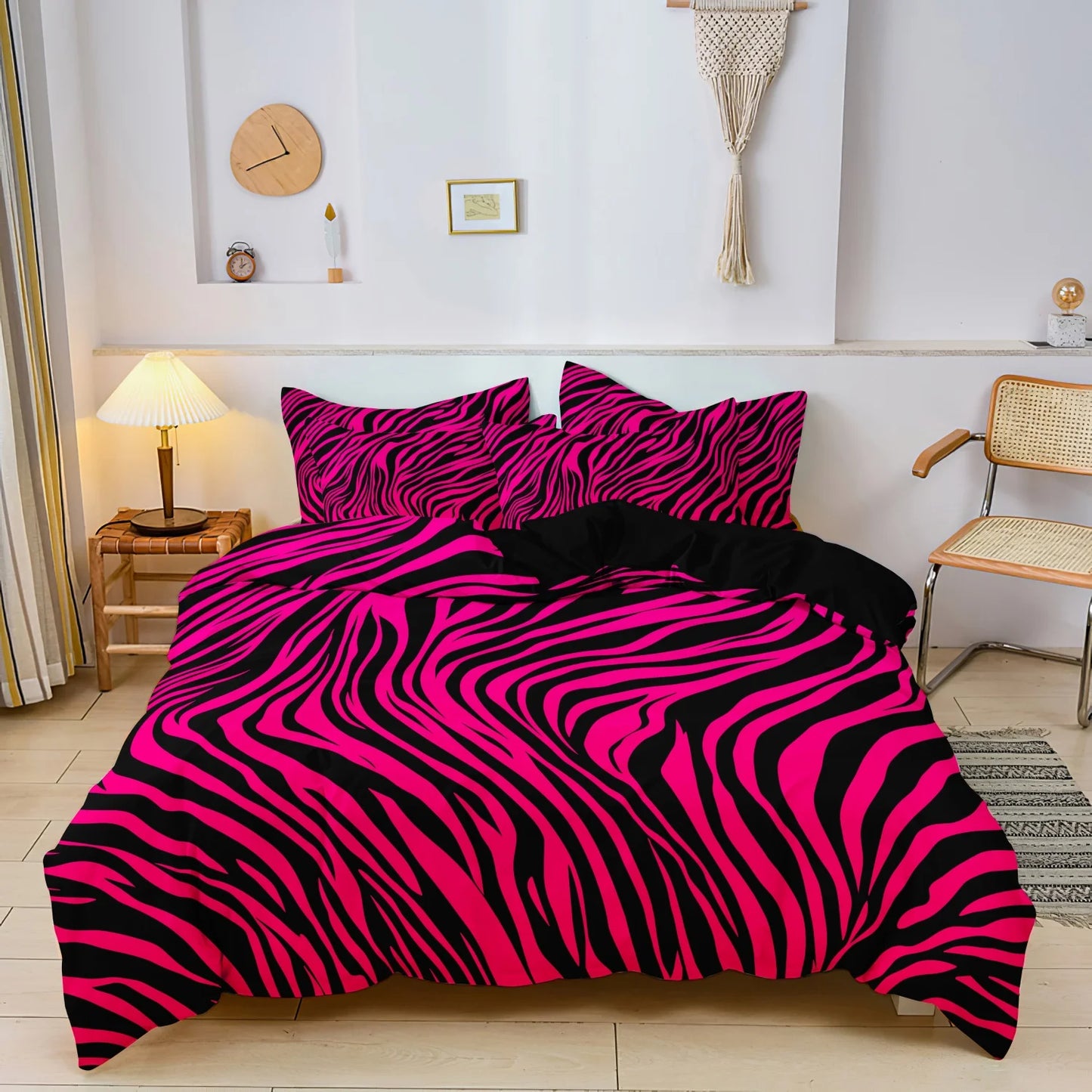 Juego de cama de 3 piezas, estampado de cebra rojo rosa y estampado de leopardo, set de funda nórdica con impresión digital, impresión digital, para uso familiar, hotel y dormitorio