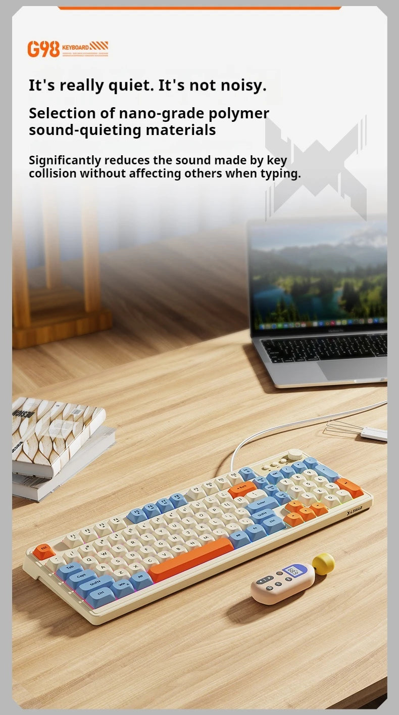 Teclado gaming de oficina EWEADN G98, membrana con retroiluminación arcoíris, USB con cable, externo y silencioso, área numérica, diseño Digh