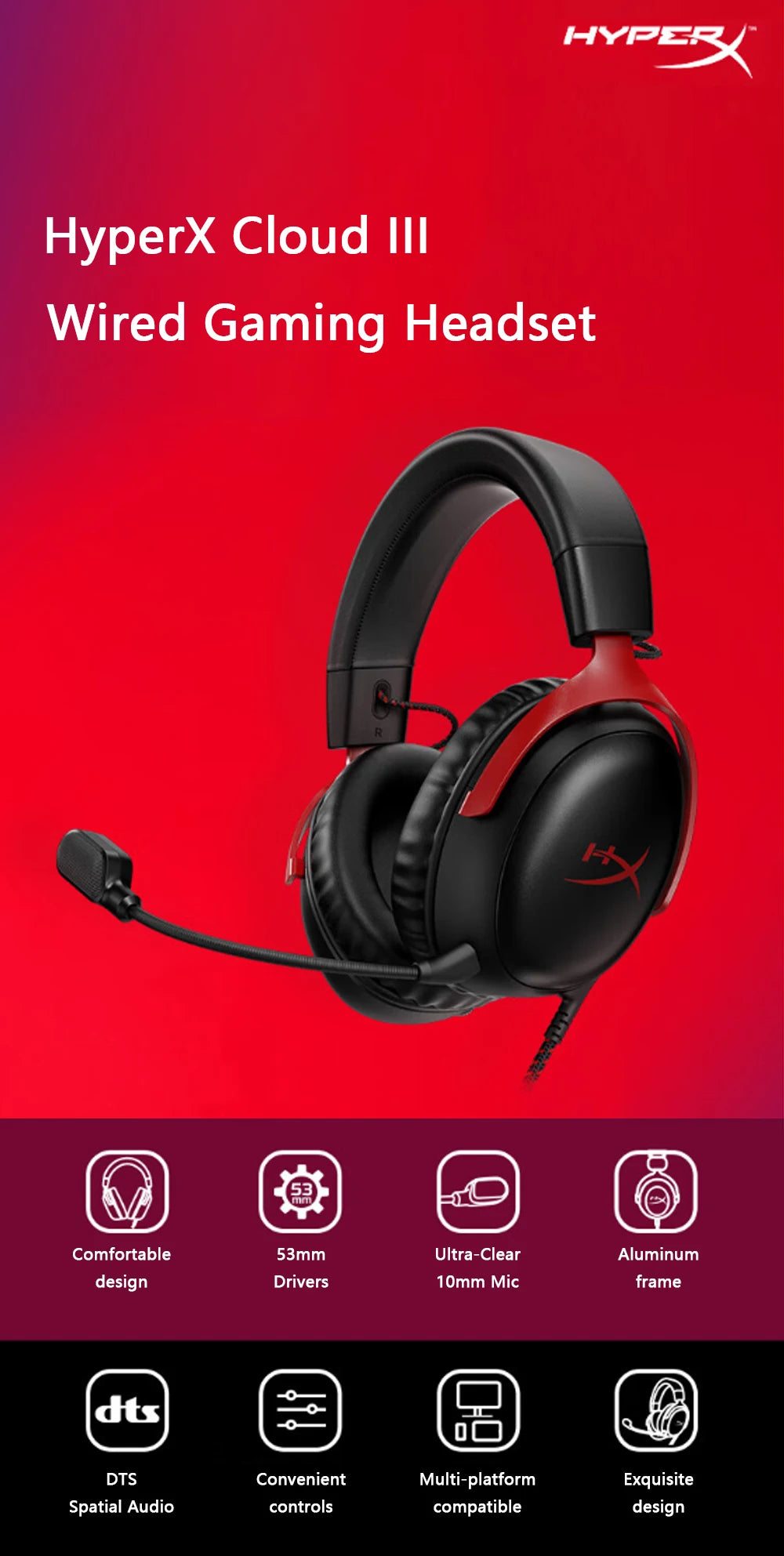 Auriculares gaming con cable HyperX Cloud III con audio espacial DTS X, transductores de 53mm y micrófono con cancelación de ruido – Auriculares gaming USB y 3.5mm para PC, PS5, Xbox y Switch