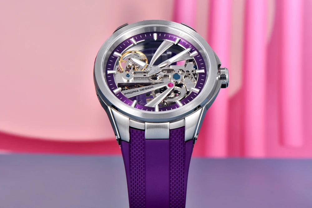 Pánske hodinky PAGANI DESIGN – Luxusný mechanický model s automatickým náťahom, typu „skelet“ (s otvoreným srdcom), vybavený tourbillonom, so zafírovým sklom s antireflexnou úpravou, vodotesné a luminiscenčné.