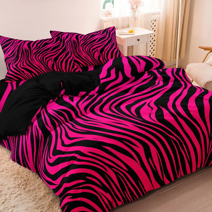 Juego de cama de 3 piezas, estampado de cebra rojo rosa y estampado de leopardo, set de funda nórdica con impresión digital, impresión digital, para uso familiar, hotel y dormitorio