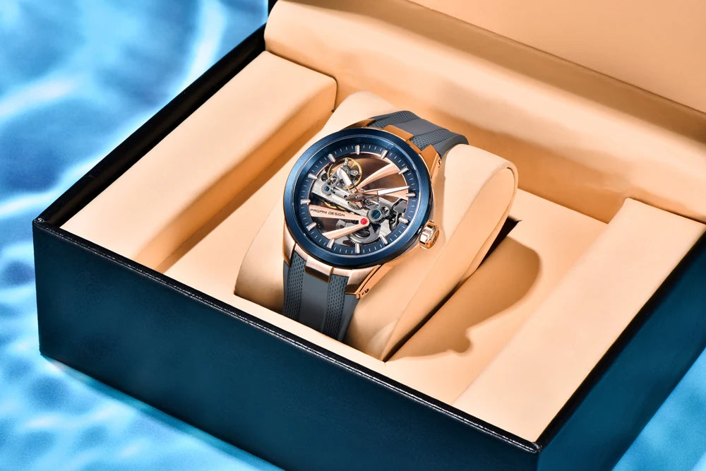 Pánske hodinky PAGANI DESIGN – Luxusný mechanický model s automatickým náťahom, typu „skelet“ (s otvoreným srdcom), vybavený tourbillonom, so zafírovým sklom s antireflexnou úpravou, vodotesné a luminiscenčné.