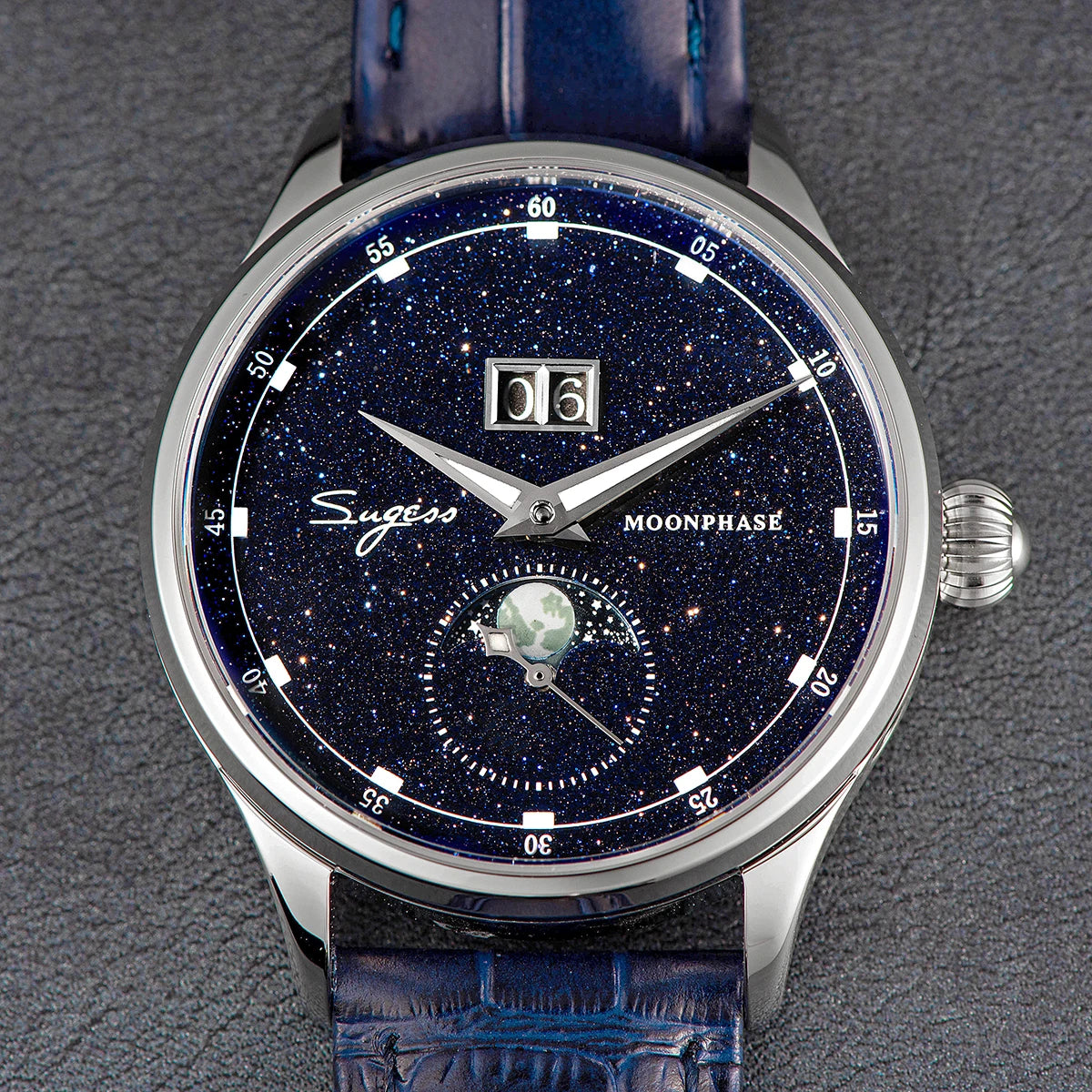 Sugess Moonphase Watch of Men 40mm Automatic Mechanical Wristwatches Seagul ST2528 Movement Stainless Steel Blue Sandstone Dial