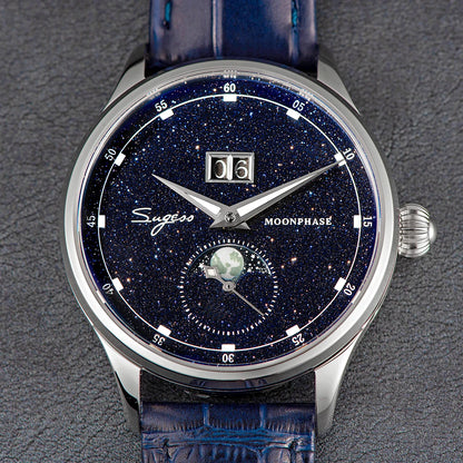 Sugess Moonphase Watch of Men 40mm Automatic Mechanical Wristwatches Seagul ST2528 Movement Stainless Steel Blue Sandstone Dial