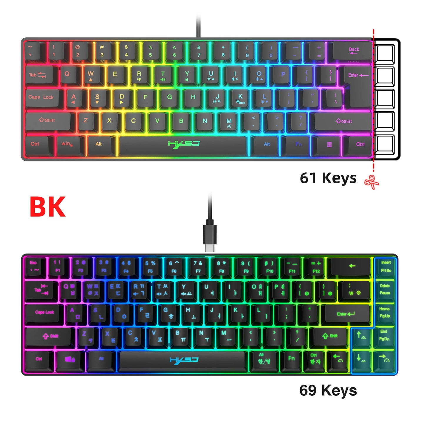 Teclado gaming coreano portátil HXSJ V200 de 68 teclas, 65%, com retroiluminação RGB, com fios, de membrana, para escritório, PC de secretária e computadores portáteis
