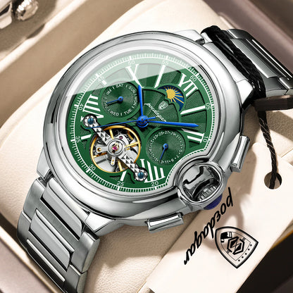 Relógio de luxo para homem POEDAGAR – Modelo mecânico automático com indicação da data e do dia, bracelete em pele, turbilhão, resistente à água, estilo elegante e profissional.
