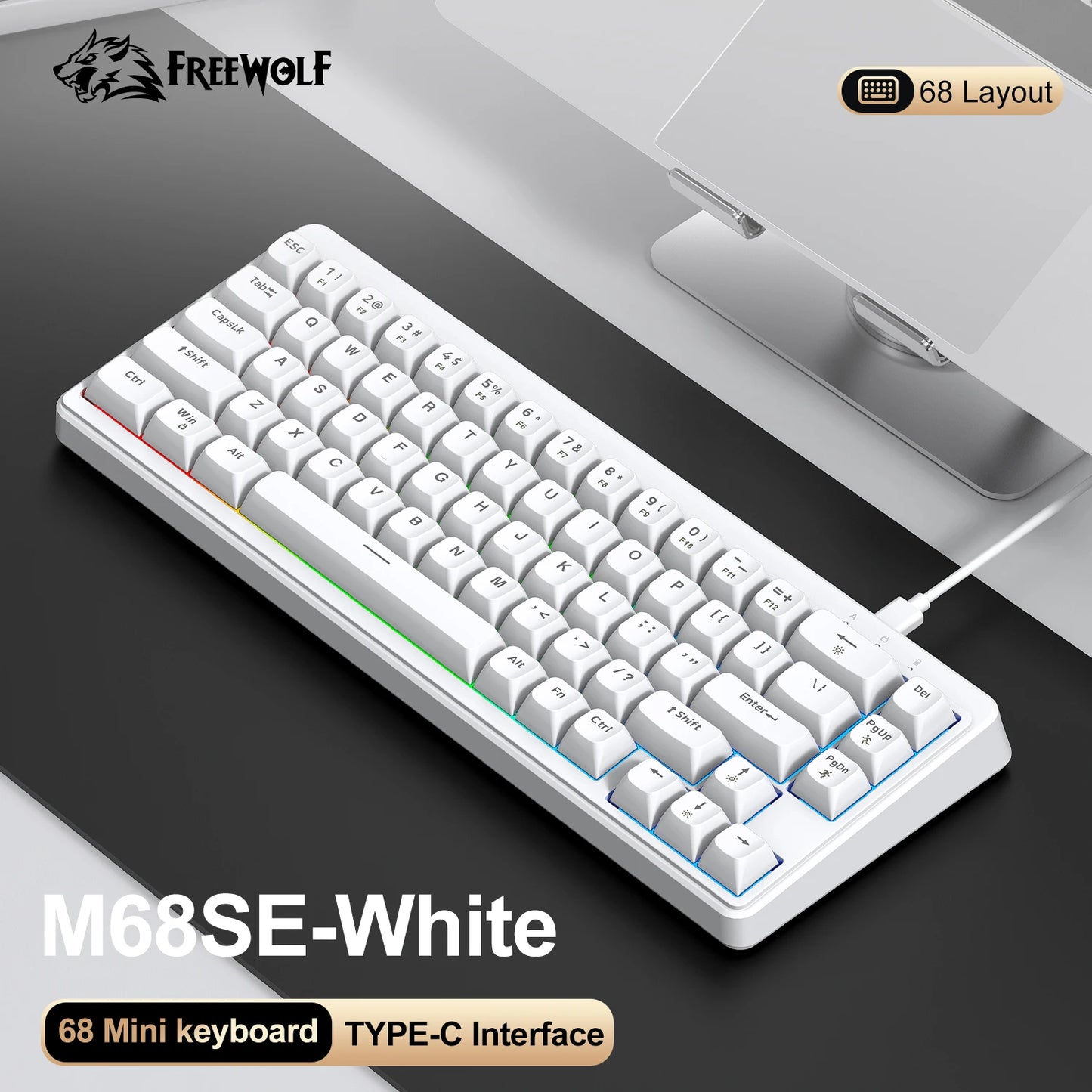 FREEWOLF M68SE Teclado mini con cable de 68 teclas, retroiluminación RGB, Type-C, diseño 68%, compacto para gaming, oficina, PC y portátil