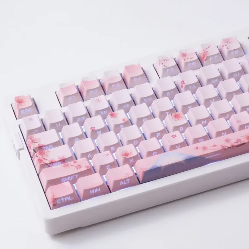 Juego de teclas Sakura Pink con grabado lateral, PBT translúcido, 127 teclas para switches MX y teclados mecánicos 60/84/90/104/108