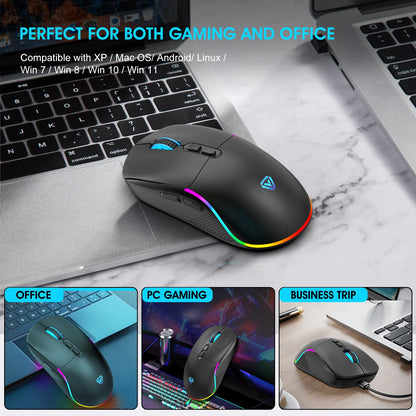 Mouse tri-mode 2.4G wireless/Bluetooth/cablato, DPI regolabile a 6 livelli, batteria da 500mAh, illuminazione RGB, macro per gaming e esports, mouse da ufficio