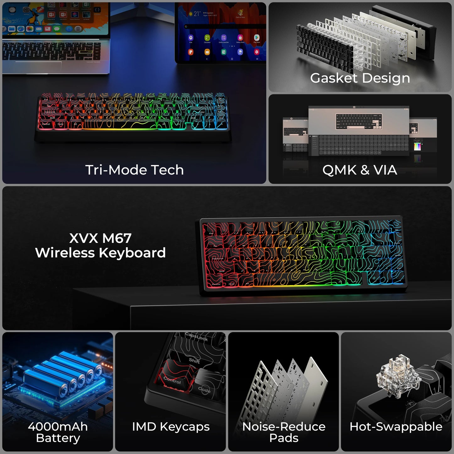 XVX M67 JadeStone Mechanical Keyboard With IMD-Tech Keycaps Hot Swappable Gasket Tri-Mode Custom RGB Wireless Keyboard 65%