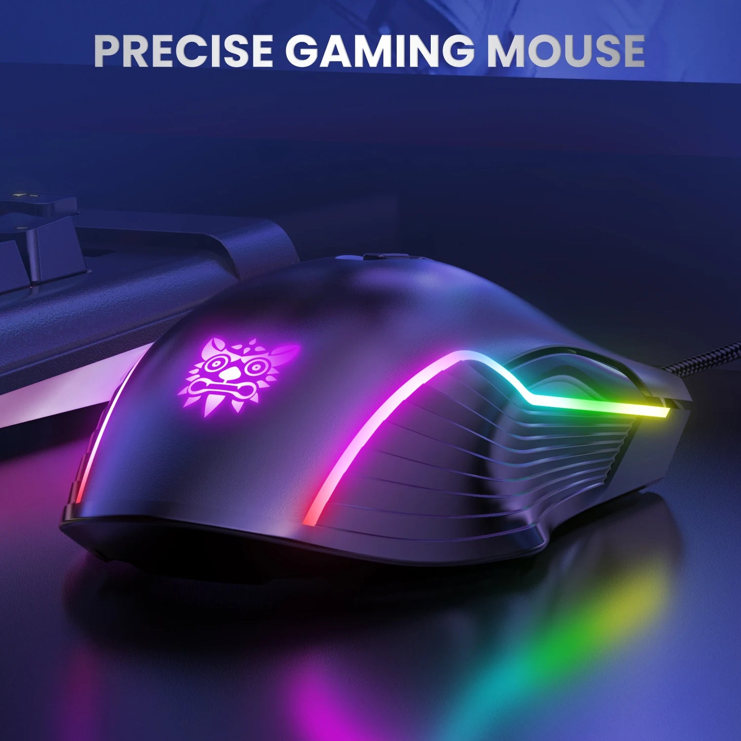 Ratón gaming con cable ONIKUMA, 6 niveles ajustables, 6400 DPI, 7 botones programables, 7 modos de iluminación RGB, diseño ergonómico para gamers de PC