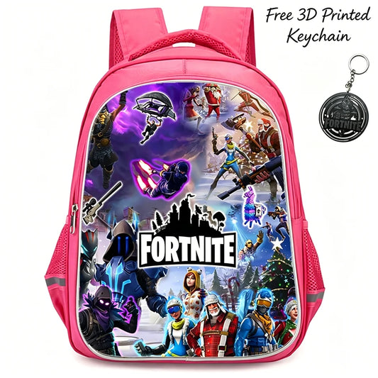 FORTNITE 16-inch Durable Lightweight Backpack, Dual Zipper Pockets, Cartoon Style for Boys & Girls 6-10,Free 3D Printed Keychain