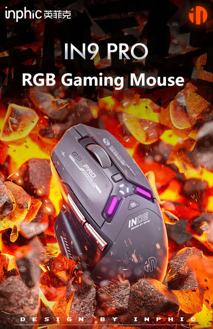 Inphic IN9PRO belaidė žaidimų pelė, 26000DPI, 8K apklausos dažnis, Bluetooth 5.0, laidinė, 2.4G, trijų režimų RGB ergonominė žaidimų pelė
