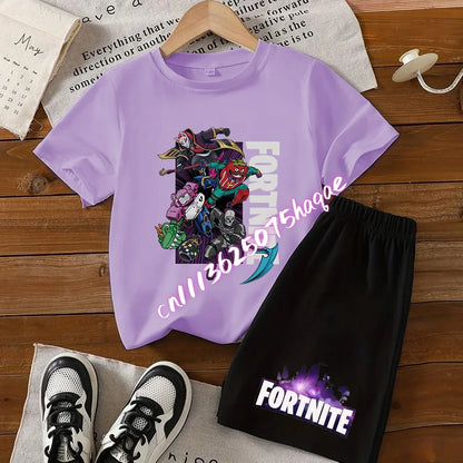 Conjunto de verano Fortress Night de camiseta y pantalones cortos para niños y niñas, 2 piezas, ropa infantil con camiseta estampada, regalo