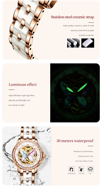 OLEVS 6615 Top Original Automatic Mechanical Wrist Watch for Women Luxury Elegant Diamond Hollow Colorful Butterfly Ladies Watch