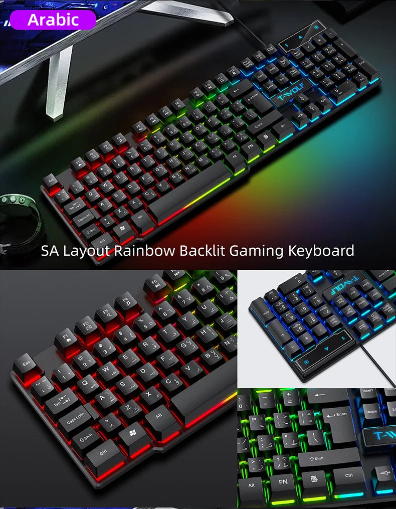 Tastiera gaming meccanica con retroilluminazione RGB, cablata USB, per ufficio e casa, tasti multimediali, layout russo, spagnolo, arabo e inglese