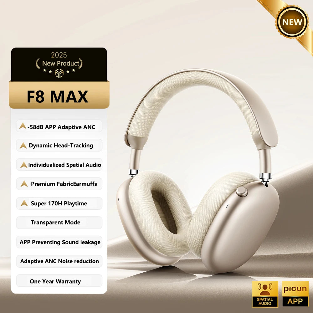 Cuffie wireless Picun F8MAX ANC, cancellazione attiva del rumore ibrida 59dB, audio spaziale, auricolari Bluetooth 6.0, headset over-ear 180H