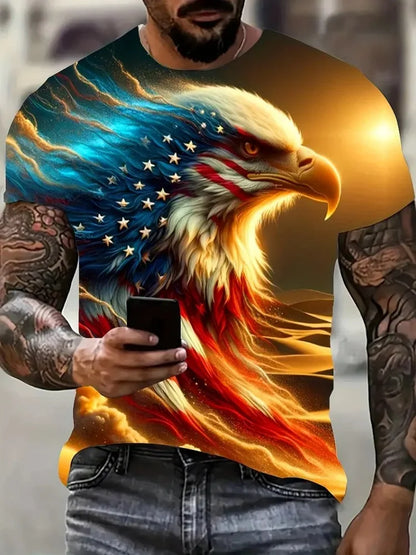 Camiseta patriótica para hombre con estampado 3D de águila, cuello redondo, manga corta y estilo casual, ideal para moda de verano y actividades al aire libre