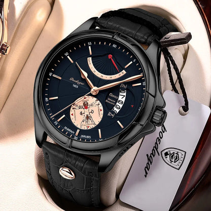 Relógio de pulso de quartzo POEDAGAR para homem – Estilo empresarial, de luxo, estanque, luminoso, com indicação da data e bracelete em pele – Relógio elegante para homem