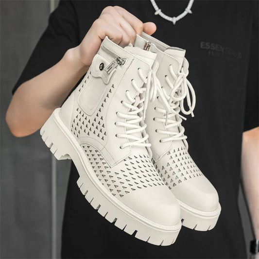Non-Slip Men's High Top Casual Leather Shoes Street Style Motorcycle Boots New Stylish Ankle Boots Thick Bottom Walking Footwear
