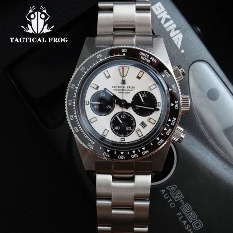 Orologio cronografo da uomo Tactical Frog 41mm, movimento al quarzo solare VS75, impermeabile, zaffiro, verde, luminoso C3, orologio da polso al quarzo