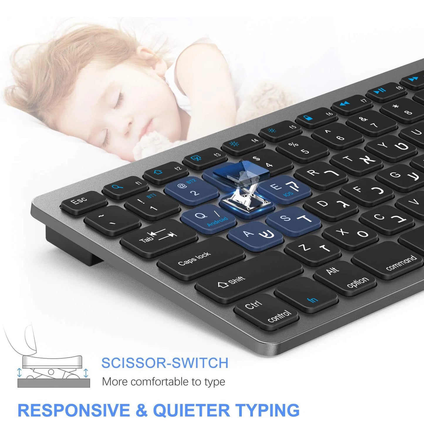 Hebrew English Layout Wireless Keyboard Bluetooth & 2.4G Dual Mode Keyboard Slim and Compact Ergonomic for Windows ios Android
