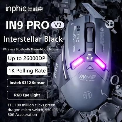 Inphic IN9PRO belaidė žaidimų pelė, 26000DPI, 8K apklausos dažnis, Bluetooth 5.0, laidinė, 2.4G, trijų režimų RGB ergonominė žaidimų pelė