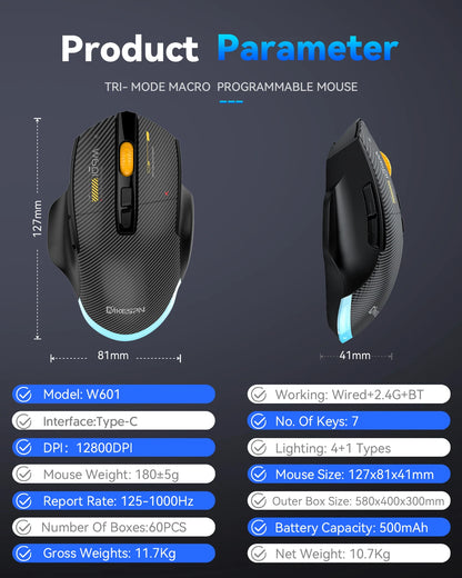 Mouse gaming tri-mode 12800DPI 2.4G Wireless Bluetooth cablato in fibra di carbonio, pulsante silenzioso, programmazione macro, 500mAh, 7 tasti