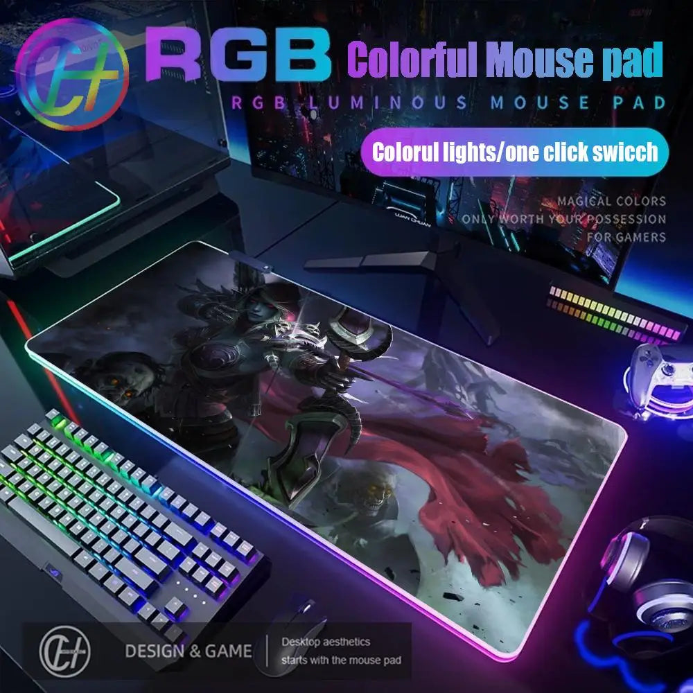 World of Warcraft Sylvanas Mouse Pad RGB Gaming Mouse Pad Desk Mat HD Gamer Large LED Light XXL MousePads PC Computer Carpet