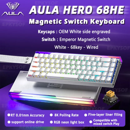 Tastiera AULA HERO 68HE con switch magnetici RGB, tastiera meccanica gaming Rapid Trigger, polling rate 8K, cablata, eSport personalizzata