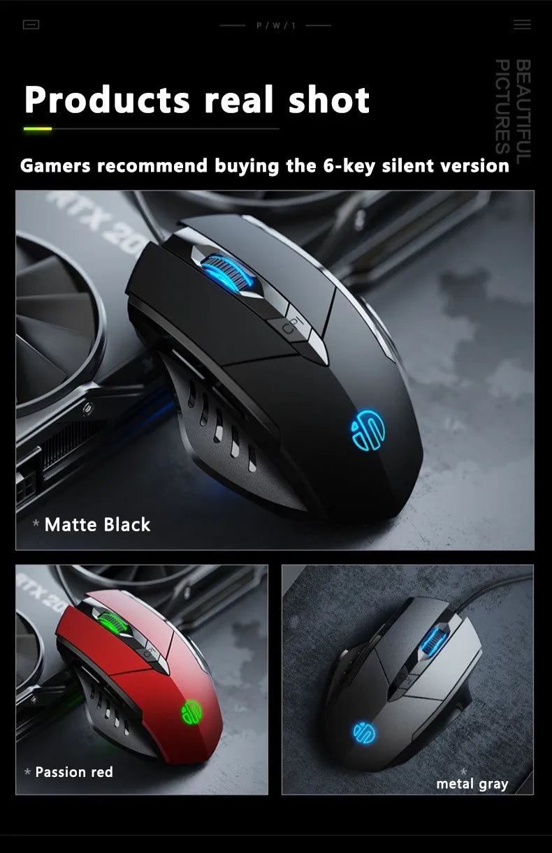 Mouse cablato Inphic W1 Esports Gaming, mouse silenzioso da ufficio, disponibile con tre o sei tasti
