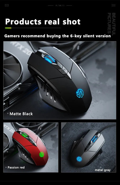 Mouse cablato Inphic W1 Esports Gaming, mouse silenzioso da ufficio, disponibile con tre o sei tasti