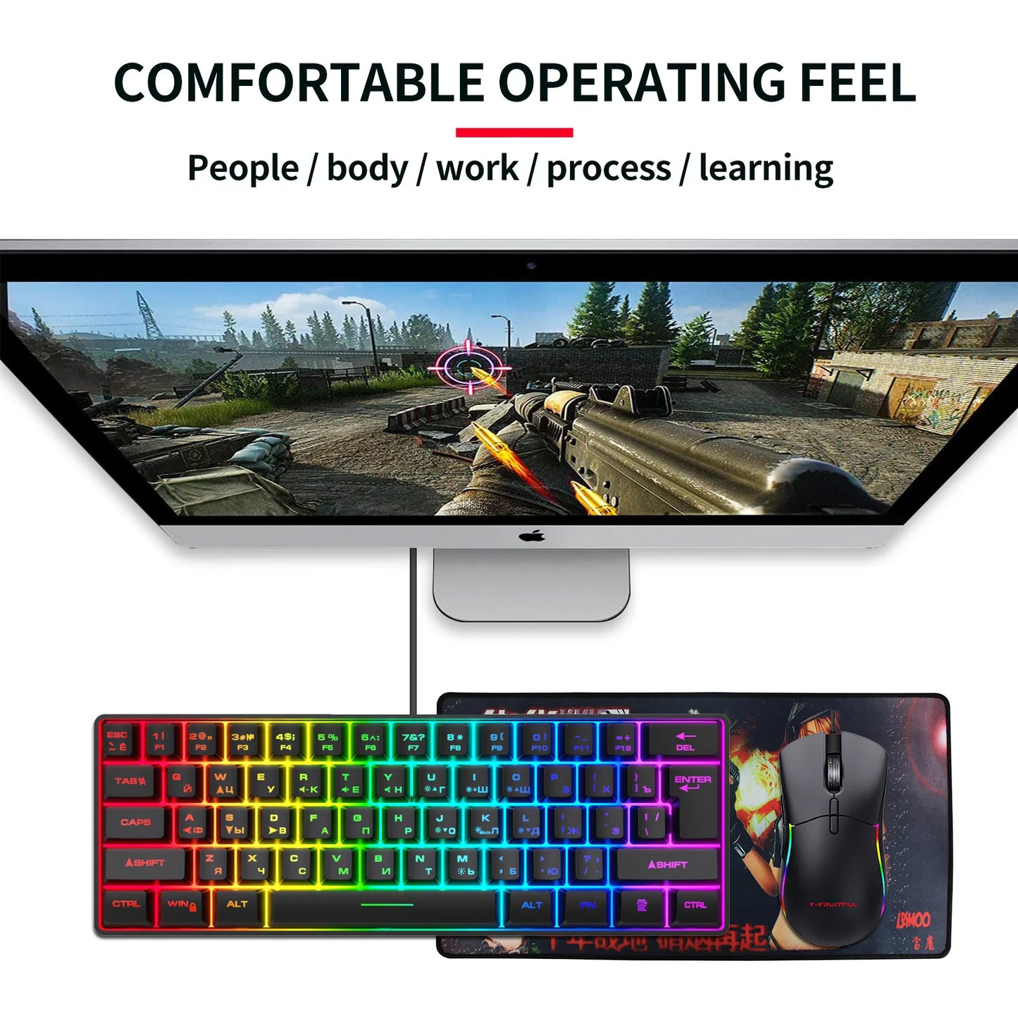 Teclado gaming, teclado ultracompacto de 61 teclas con retroiluminación RGB ruso/inglés, teclados de oficina resistentes al agua con sensación mecánica para gaming