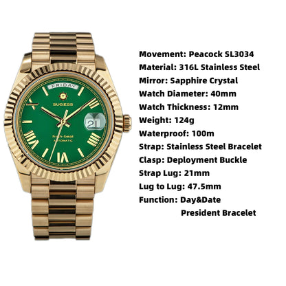Sugess Watch Mens 40mm Date Day Automatic Dandong Peacock SL3034 Movement Retro Mechanical Wristwatch Sapphire Glass Golden New