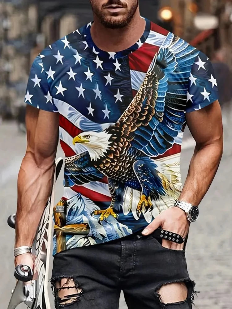 Camiseta patriótica para hombre con estampado 3D de águila, cuello redondo, manga corta y estilo casual, ideal para moda de verano y actividades al aire libre